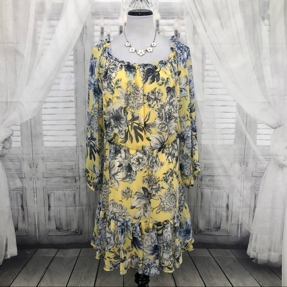Tommy Hilfiger Large Dress Yellow Blue Floral Crinkle Chiffon Off-the-Shoulder - Picture 1 of 12